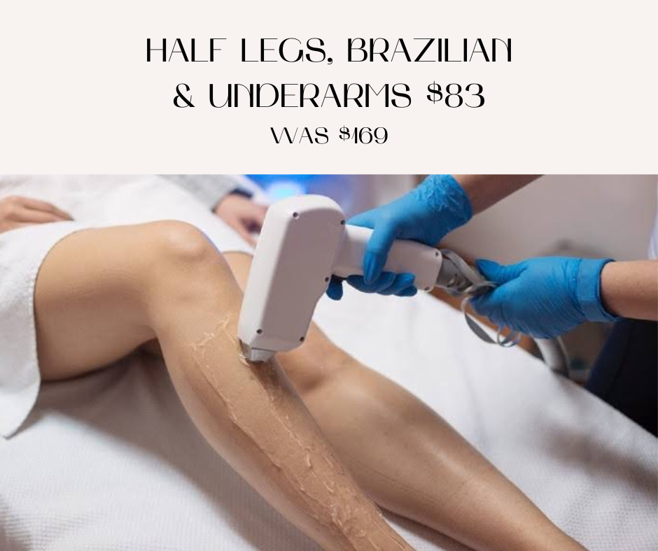 Laser hair removal on lower leg with gloved hands holding device, promotional pricing text above.