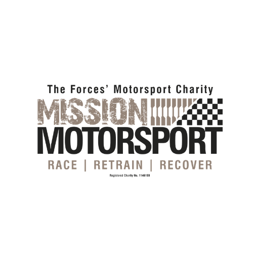 Logo for the Forces' Motorsport Charity featuring the words 'MISSION' and 'MOTORSPORT' with a checkered flag pattern and the words 'Race,' 'Retain,' and 'Recover'.