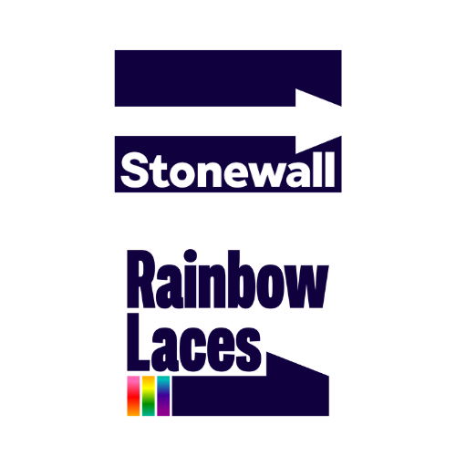 Logo for Stonewall Rainbow Laces featuring black text and a rainbow-colored lace icon.