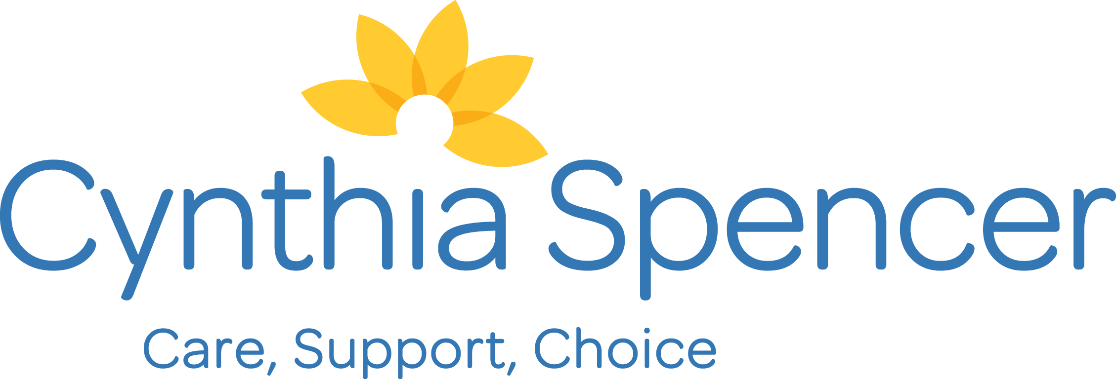Logo for Cynthia Spencer with a yellow floral design above the text 'Cynthia Spencer' and the tagline 'Care, Support, Choice'.