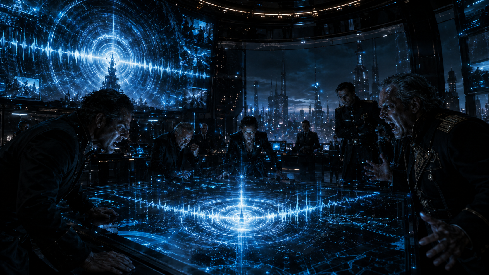 People gathered around a holographic soundwave device, representing the underground Blackout Signal community.