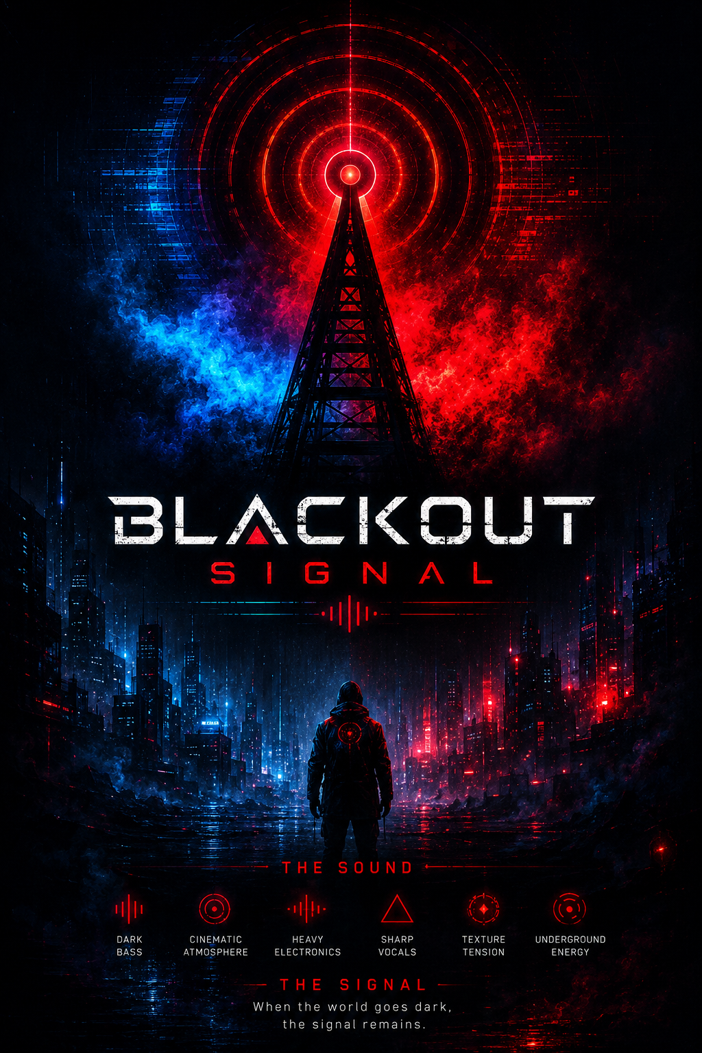 Blackout Signal dark electronic music artwork with a red radio tower, cyberpunk city, blue and red light, and dystopian atmosphere.