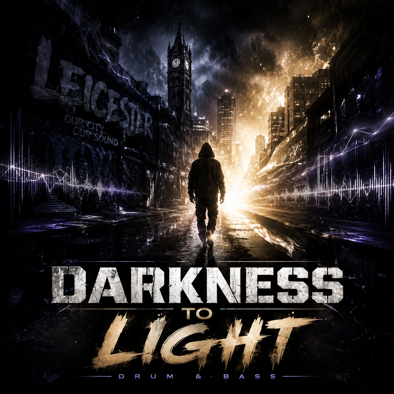 Darkness to Light drum and bass artwork showing a lone figure walking through a dramatic futuristic city.