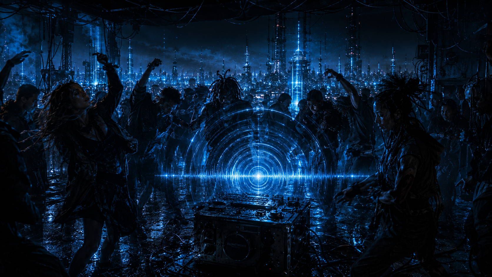 People dancing in a futuristic nightclub with blue neon lights, representing the underground energy of Blackout Signal.