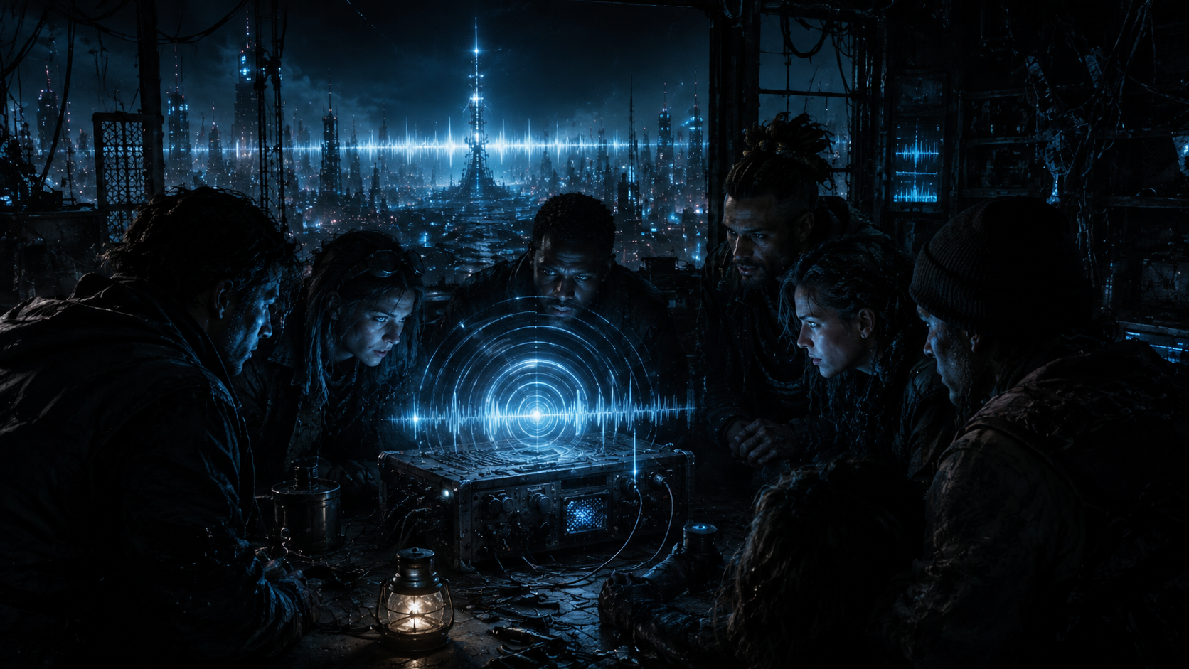 Group of people listening to the Blackout Signal broadcast through a glowing device in a dark futuristic city.
