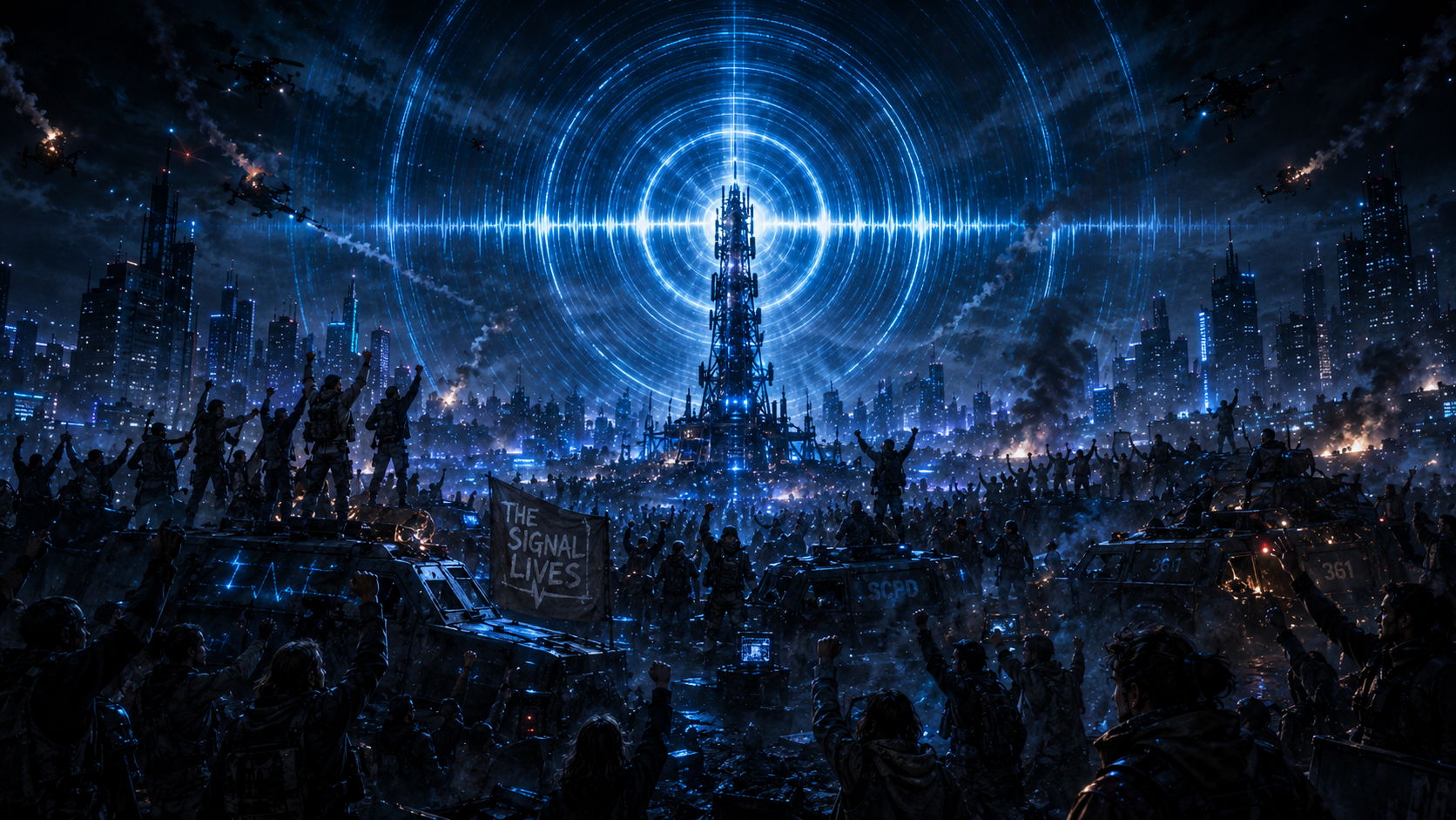 Cyberpunk city under attack with a glowing radio tower broadcasting the Blackout Signal.