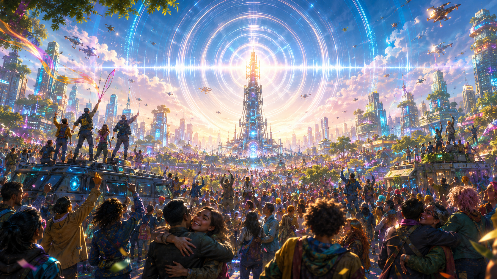 Crowd celebrating in a brighter futuristic city after the Blackout Signal broadcast is saved.