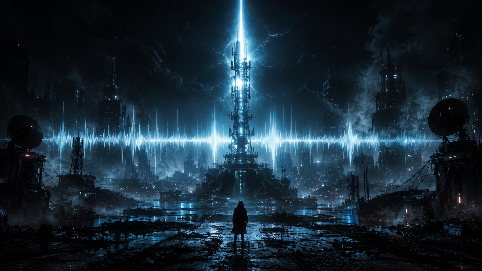 Dark cyberpunk city with lightning, soundwaves and a central broadcast tower, inspired by Blackout Signal music.