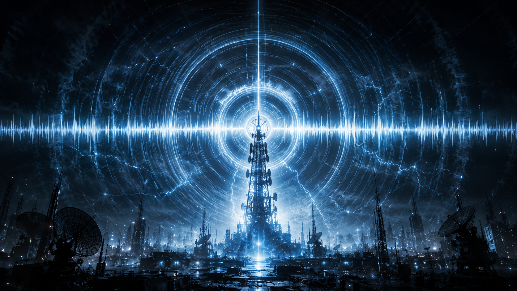 Blackout Signal futuristic radio tower broadcasting energy across a stormy cyberpunk city skyline.