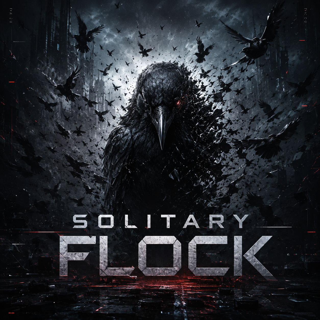 Solitary Flock artwork showing a black crow with a broken wing in a dark dystopian city.