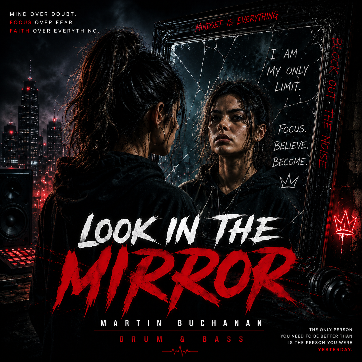 Look in the Mirror drum and bass artwork showing a woman facing a shattered reflection and city skyline.
