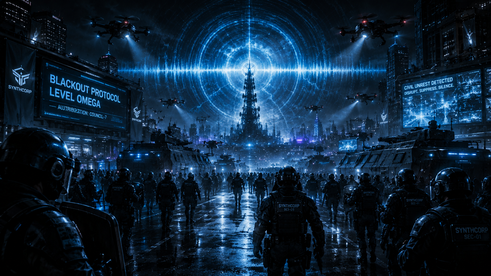 Futuristic soldiers facing a city broadcast tower with drones and digital screens in a dystopian setting.