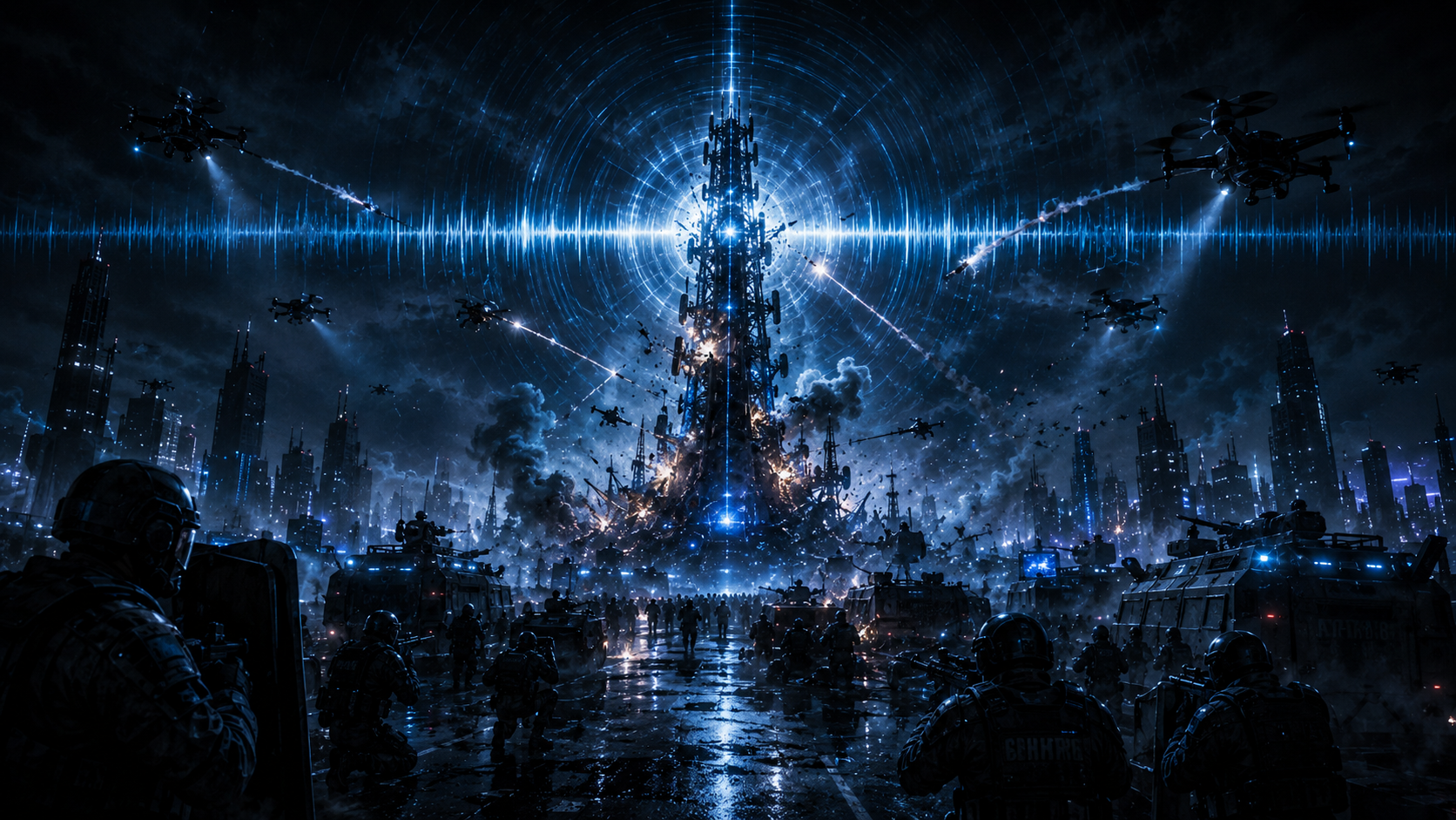 Futuristic military scene with drones, vehicles and a broadcast tower, reflecting the conflict around the Blackout Signal.