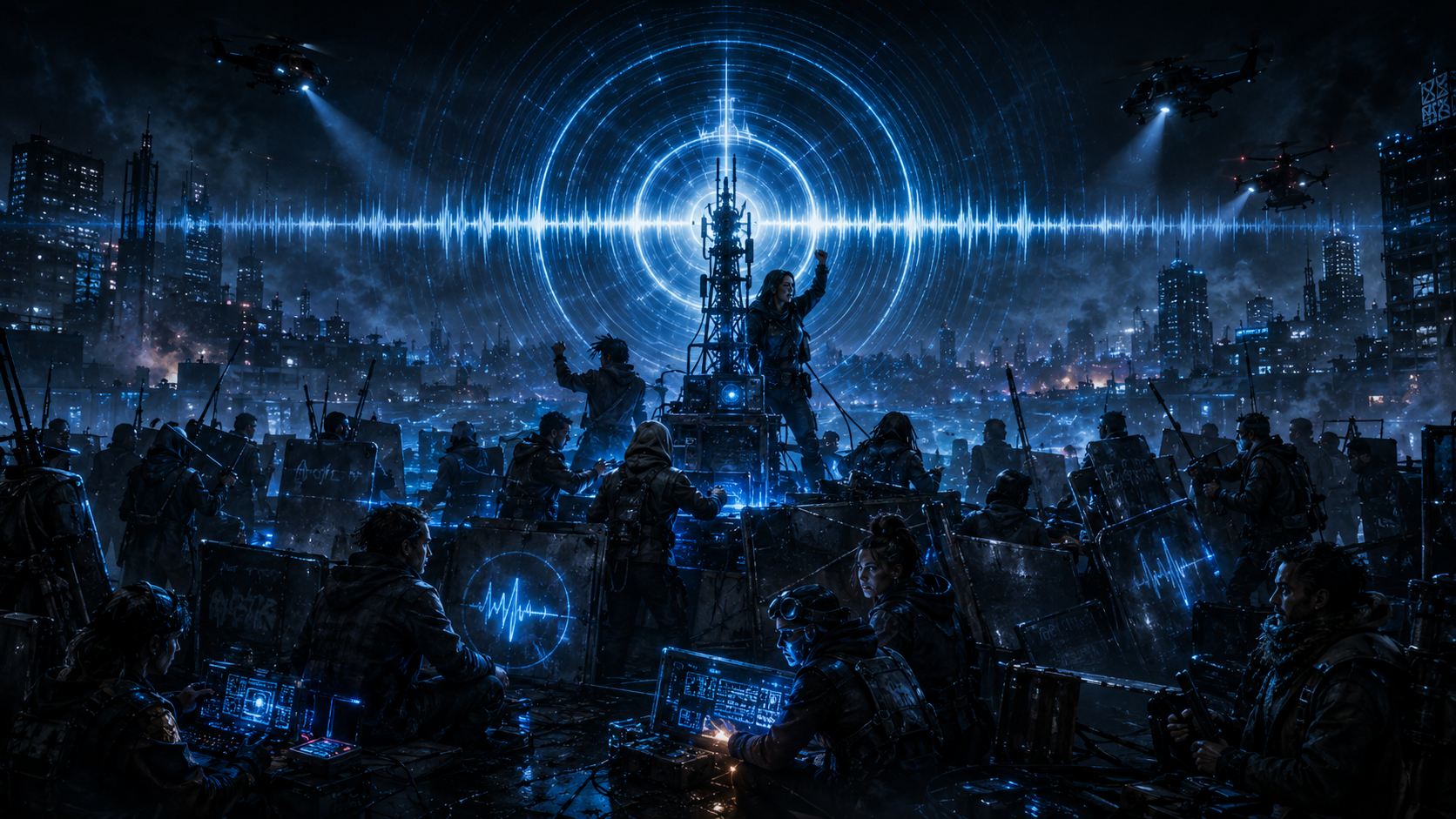 Crowd of people rising up in a dark futuristic city beneath a glowing digital signal.