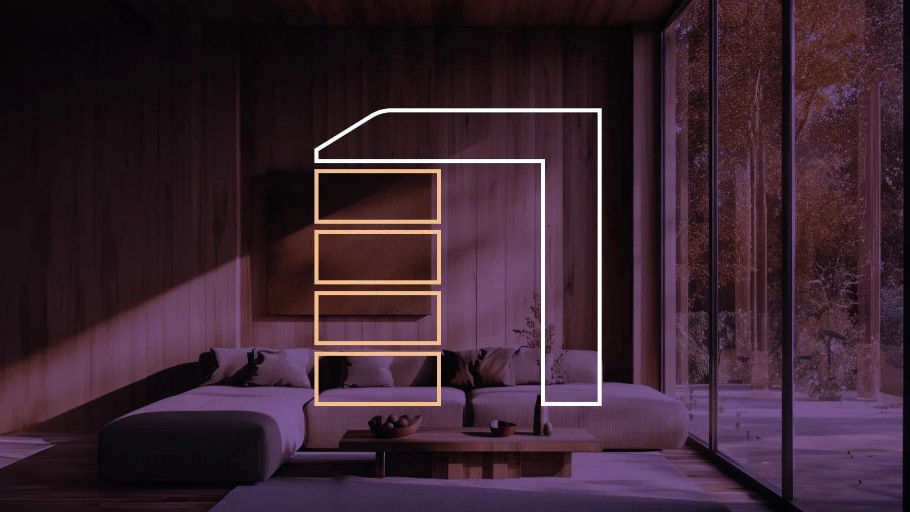 A modern living room with a large sectional sofa and a coffee table. There are geometric lines overlaid on the image, with some glowing in white and others in a warm beige color. The room has wooden wall paneling and large floor-to-ceiling windows showing trees outside, suggesting an autumn scene.