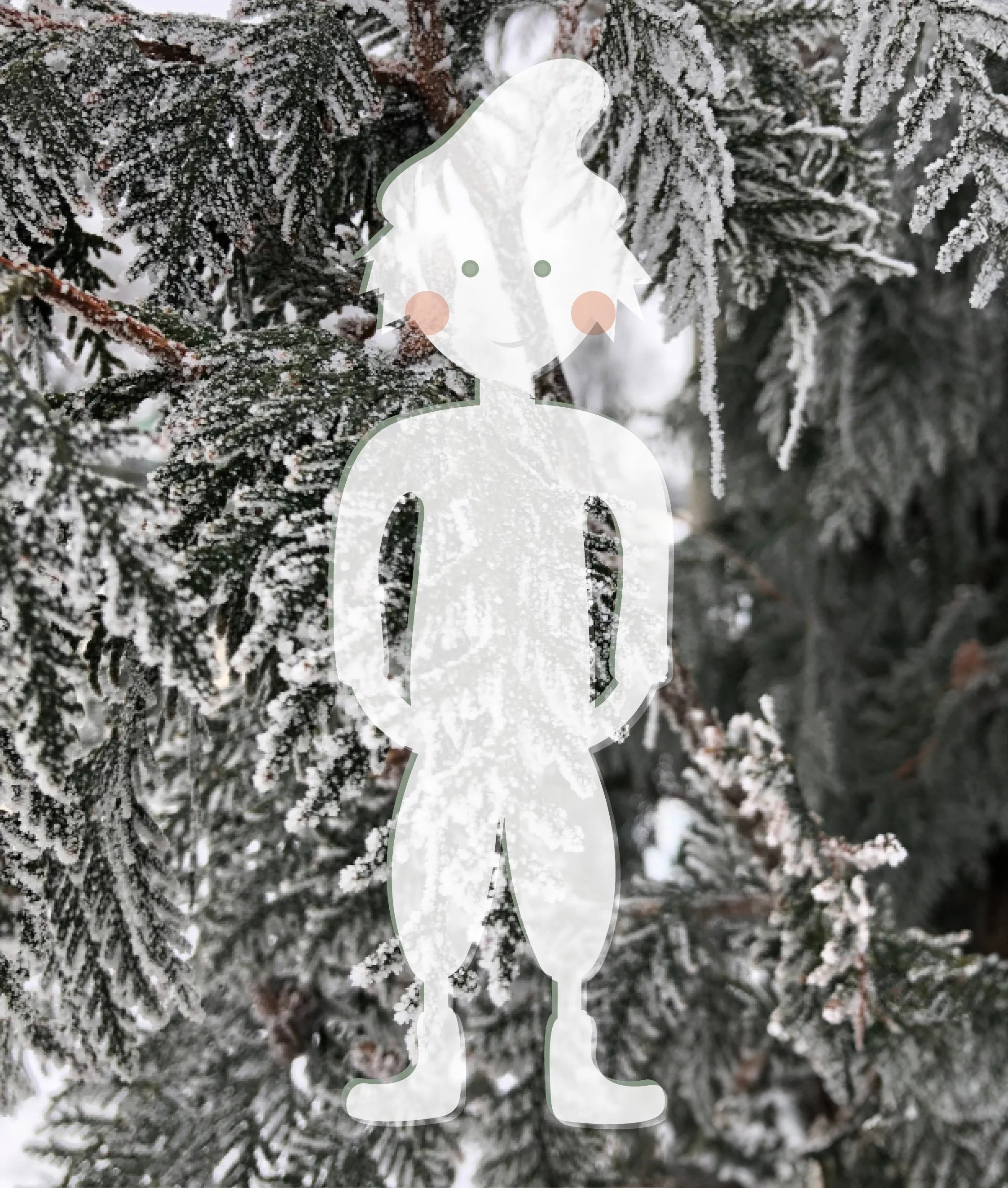 Schneebelastene Tannenzweige mit Schneefall, darauf eine Illustration eines fröhlichen Lava-Jungen mit Hut.