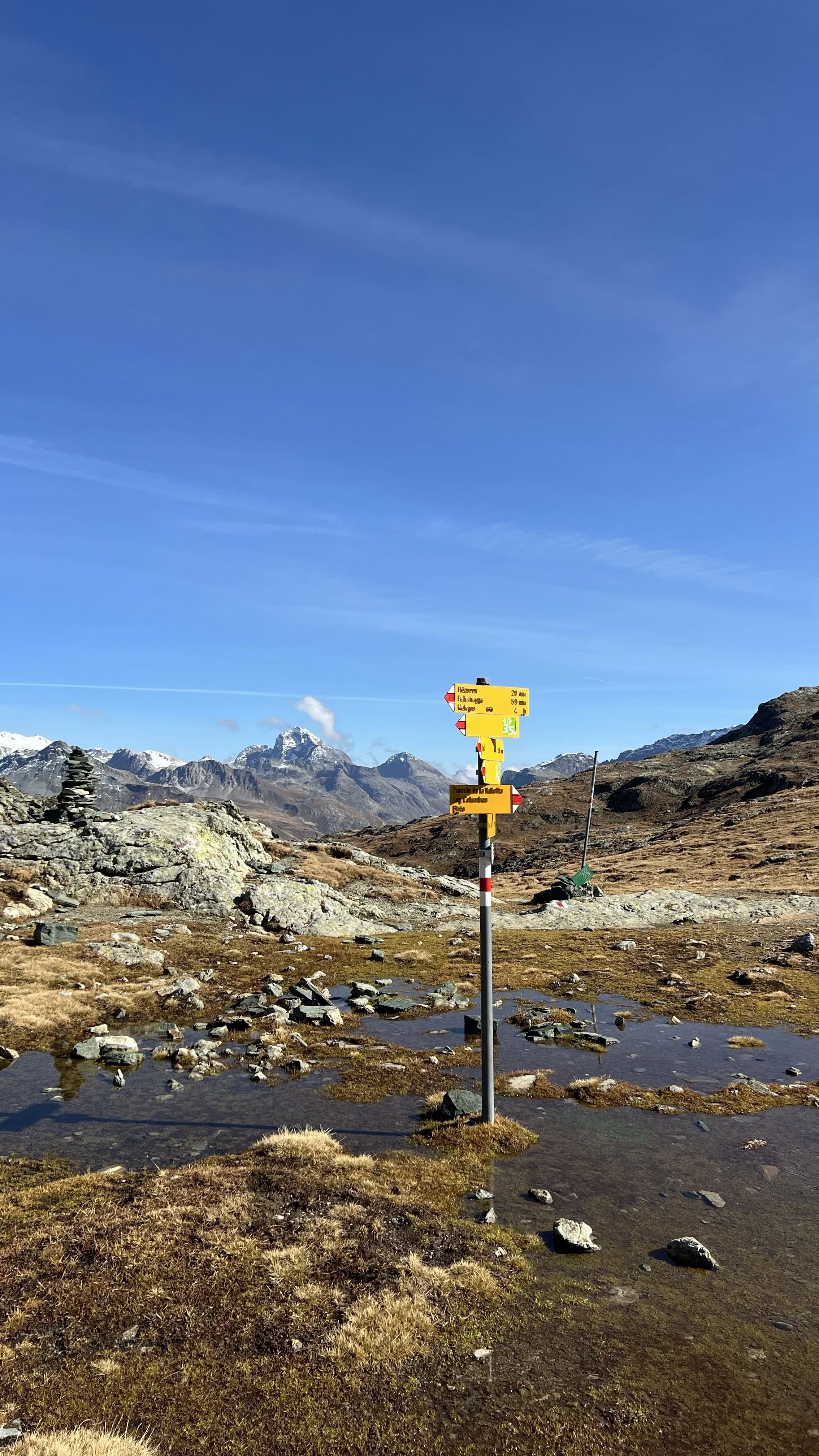 Gelber Wegweiser vor Berpanorama.