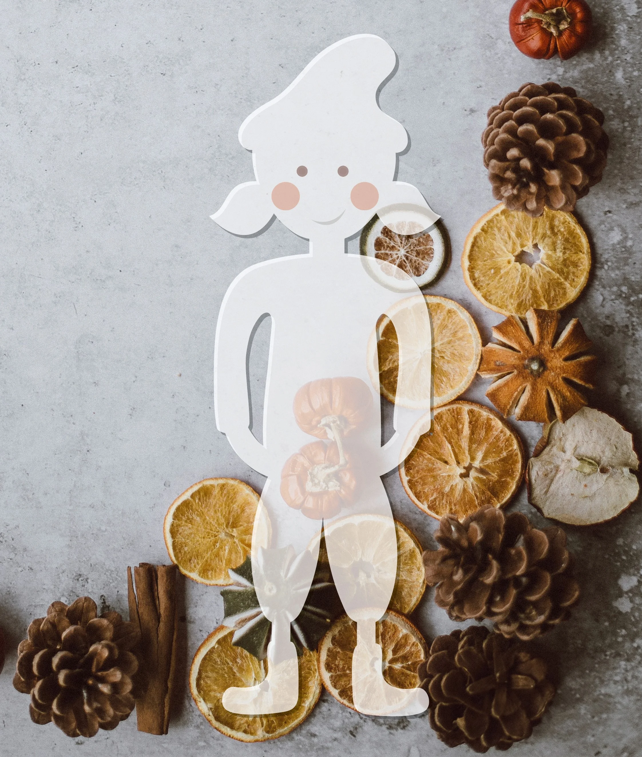 Ein Bild mit getrockneten Orangenscheiben, Kiefernzapfen und Zimtstangen auf einer grauen Oberfläche, über dem eine Illustration eines fröhlichen, weissen, cartoonartigen Lavas mit rosa Wangen liegt.