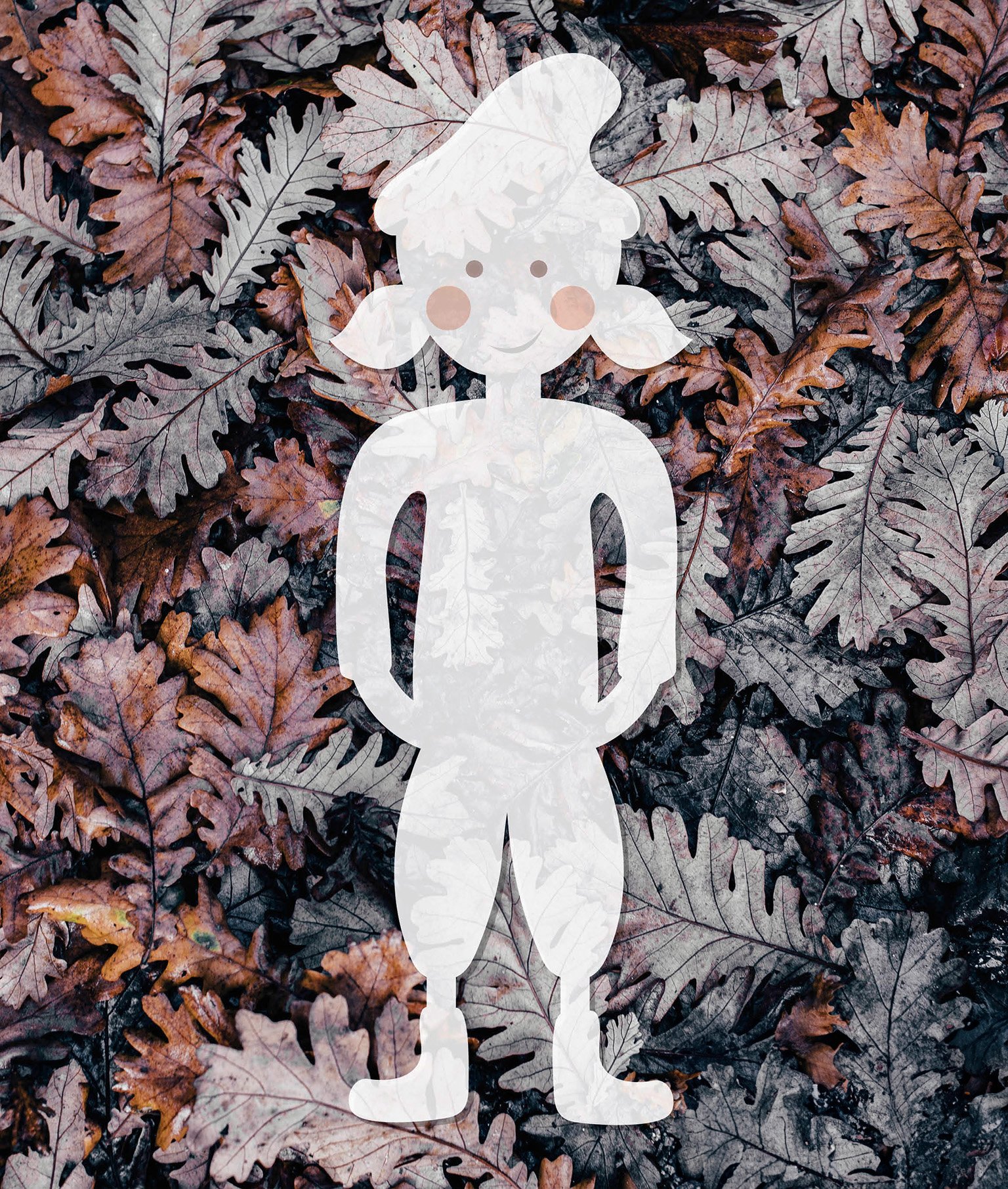 Illustration eines lachenden Mädchens mit Zöpfen vor einem Hintergrund aus braunen Laubblättern.