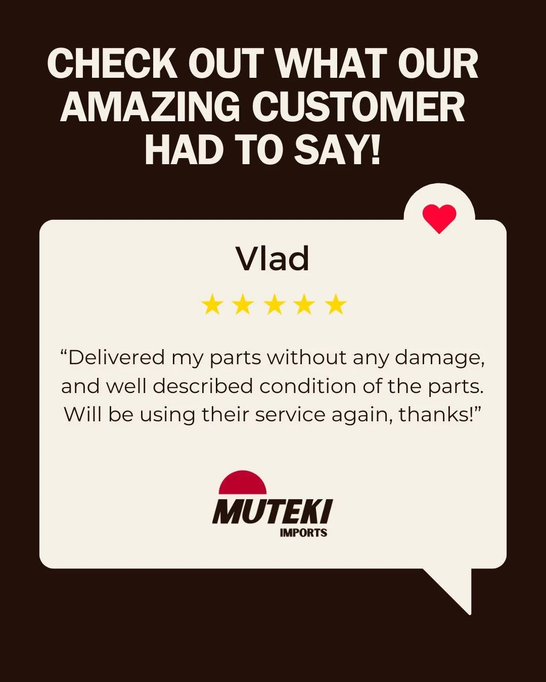 FEEDBACK FRIDAYS - #63 

Thanks for your kind message Vlad, it was great meeting and getting to know you.

.
.
.
.
.

#mutekiimports 
#feedback 
#FeedbackFriday 
#testimony 
#testimonial 
#review 
#japanesecarparts 
#jdmparts 
#importedgoodness 
#car