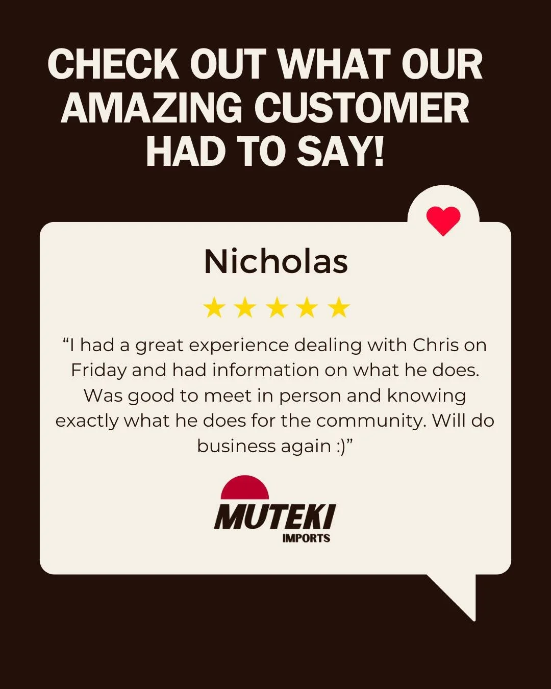 FEEDBACK FRIDAYS - #62 

It was great meeting you Nicholas and thank you for the amazing review.

It always good to meet a fellow car enthusiast in person and expand the community.

.
.
.
.
.

#mutekiimports 
#feedback 
#FeedbackFriday 
#testimony 
#
