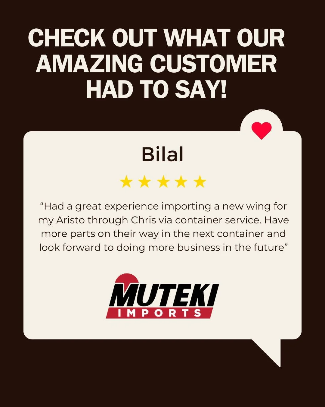 FEEDBACK FRIDAYS #63 

Thanks for the kind words, Bilal. Looking forward to working with you again soon.

.
.
.
.
.

#mutekiimports 
#feedback 
#FeedbackFriday 
#testimony 
#testimonial 
#review 
#japanesecarparts 
#jdmparts 
#importedgoodness 
#care