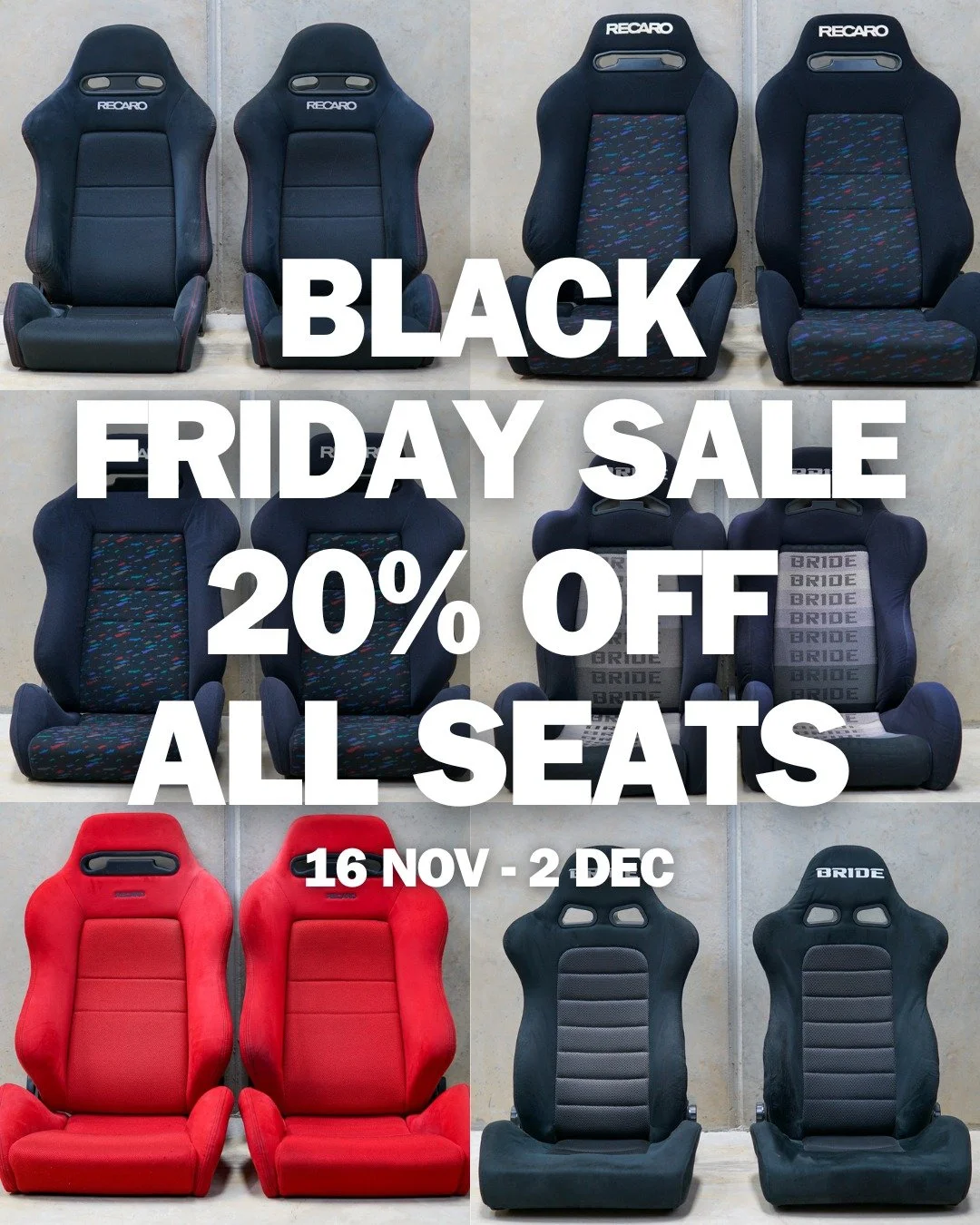 BLACK FRIDAY SALE
20% OFF ALL SEATS 
AVAILABLE AT WWW.MUTEKIIMPORTS.COM/SHOP
16 NOVEMBER - 2 DECEMBER

.
.
.
.
.

#BlackFridayDeals 
#BlackFridaySavings 
#mutekiimports 
#recaroseats 
#brideseatsjapan 
#JapaneseImports 
#jdmparts 
#jdmpartsforsale 
#