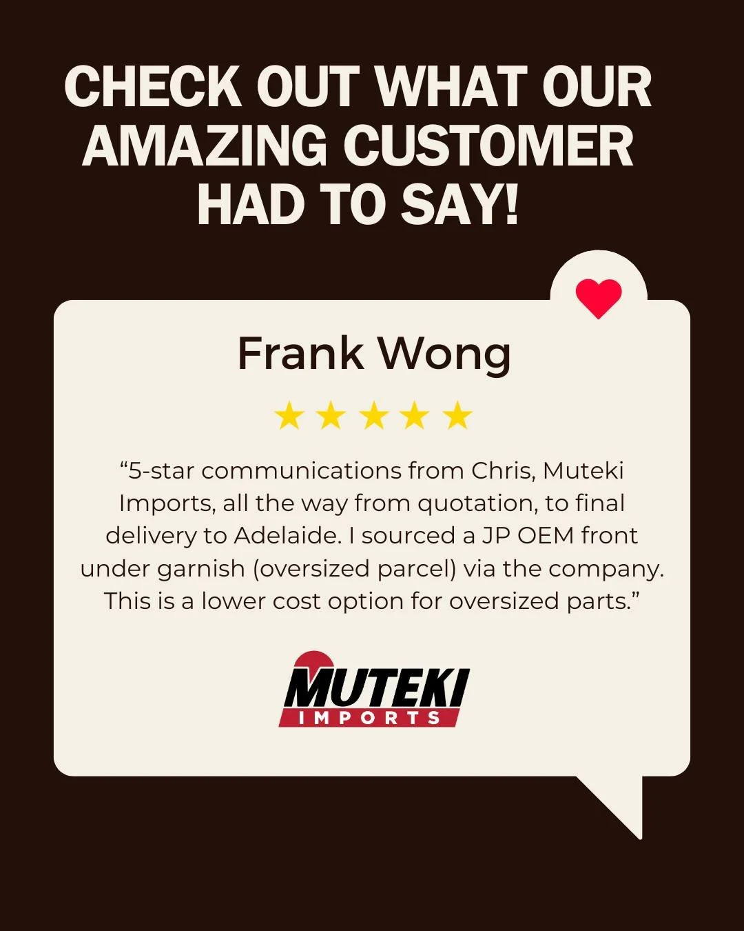 FEEDBACK FRIDAYS - #74 

Thanks for the awesome review Frank! Appreciate working with you.

.
.
.
.
.

#feedback 
#FeedbackFriday 
#testimony 
#testimonial 
#review 
#japanesecarparts 
#jdmparts 
#importedgoodness 
#carenthusiast 
#autotech 
#importe