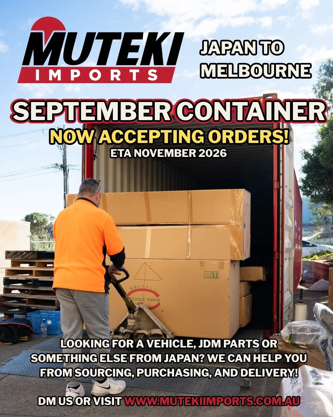 We are now accepting orders for our September Container‼️📢

Loading date: TBC - towards the end of September. Container will arrive in Melbourne in mid to late November.

Don't miss out on this opportunity to get your parts here before Christmas! Ca