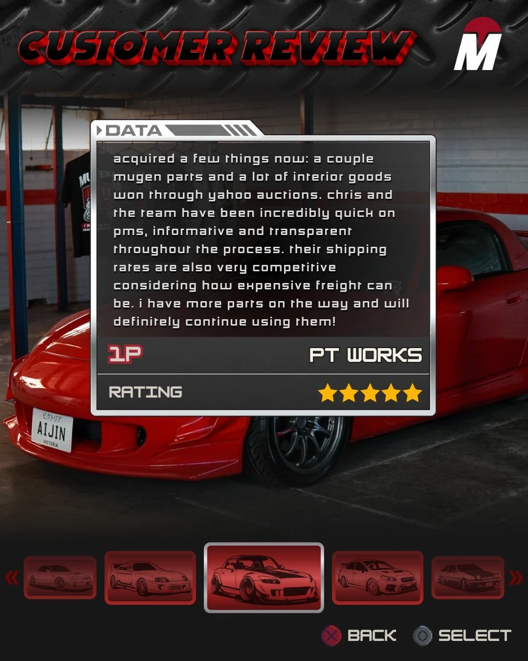 FEEDBACK FRIDAYS #90
Really appreciate the kind review mate! Looking forward to working with you more in the future 😎

.
.
.
.

#jdm 
#feedbackfridays 
#review
#mutekiimports 
#importedgoodness