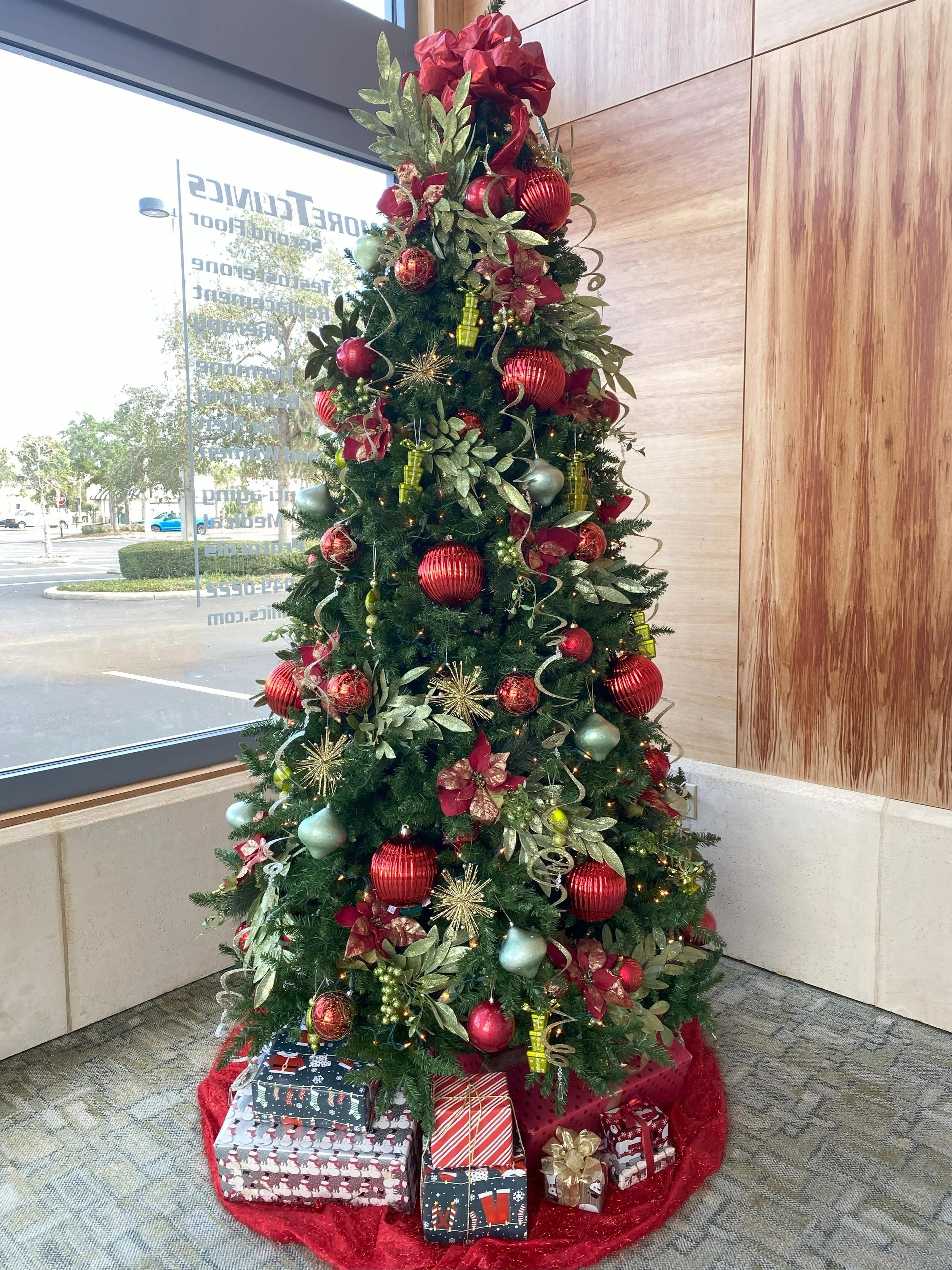 Decorated Christmas tree with red, green, and gold ornaments, presents at the base, placed indoors near a large window.