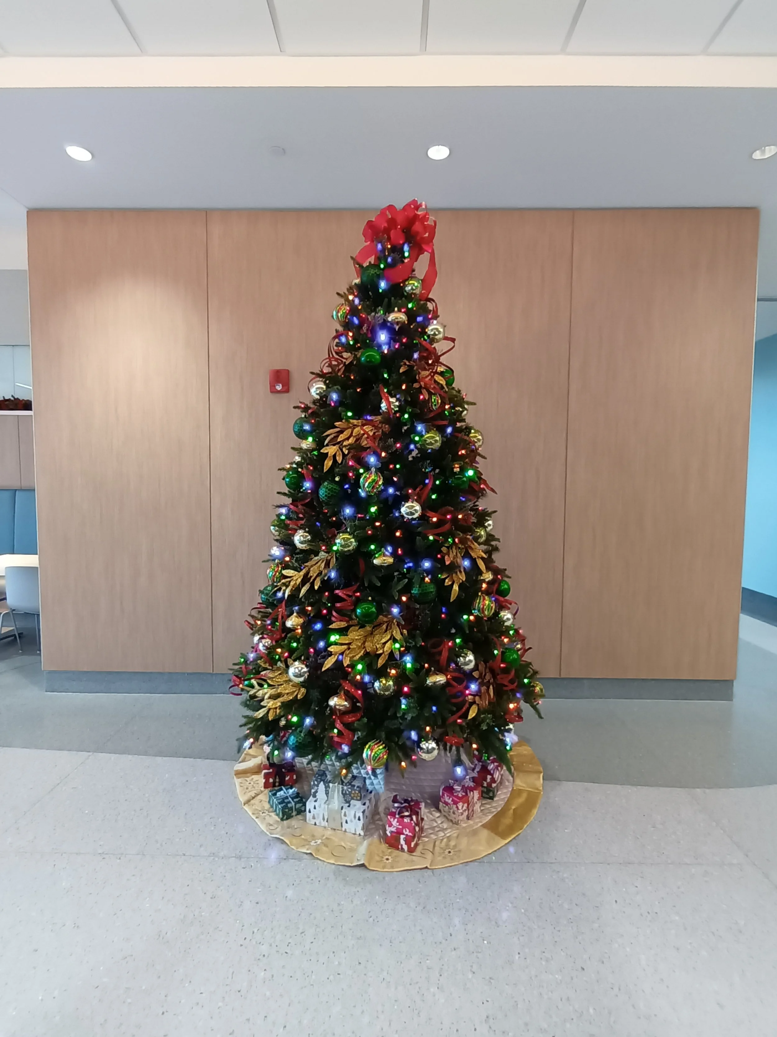 Decorated Christmas tree with lights, ornaments, gold leaves, red ribbons, and wrapped presents underneath, in an indoor space.