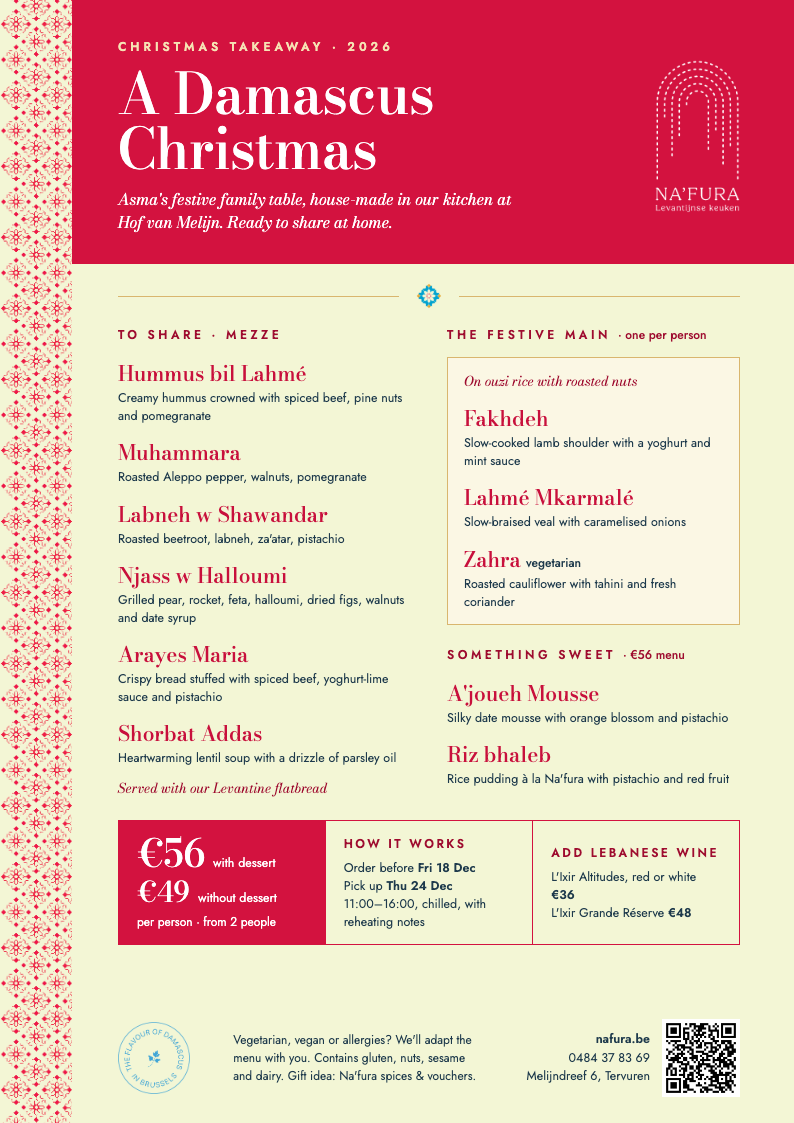 Na'fura Christmas takeaway menu 2026 – Syrian festive menu for pick-up or delivery in Tervuren, from €49 per person