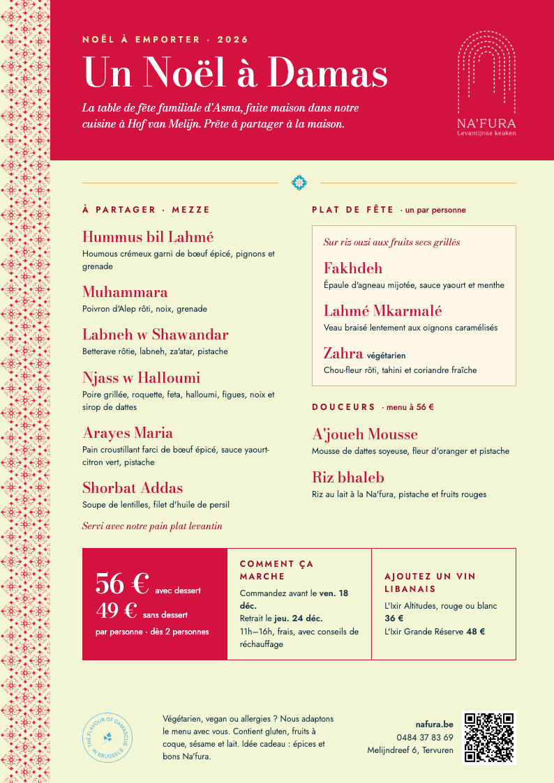 Menu de Noël Na'fura 2026 – menu syrien à emporter ou en livraison à Tervuren, dès 49 € par personne