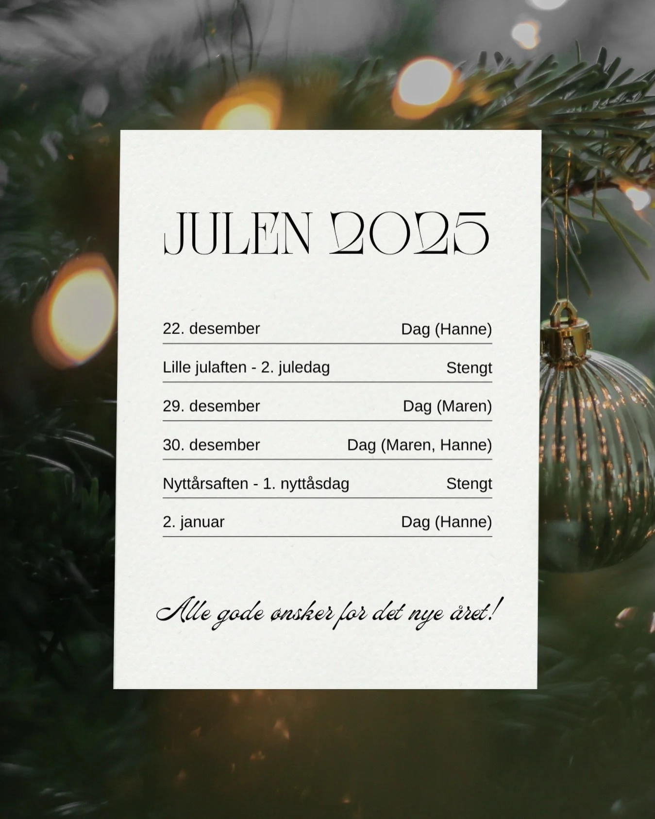 Julen er her, og det blir litt roligere dager for v&aring;re ansatte🎄 Tid til &aring; lade batterier, tilbringe tid med de vi er glade i og reflektere over &aring;ret som har g&aring;tt🌟 Hanne og Maren er her et par dager hver i jula, og Hanna har 