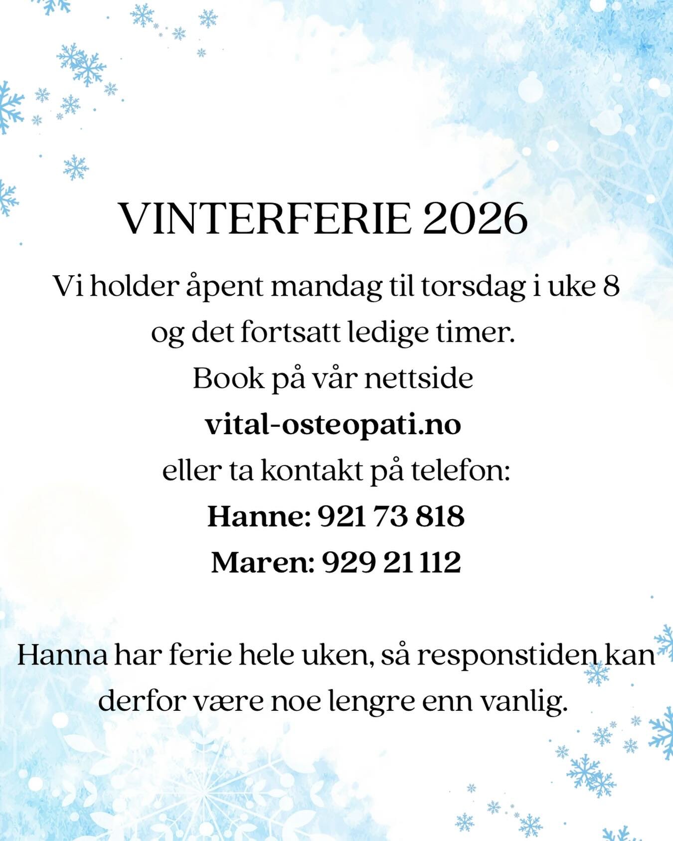 Klinikken er &aring;pen i vinterferien! Benytt muligheten til &aring;  booke din time. Har du barn hjemme, er de selvf&oslash;lgelig velkommen til &aring; v&aelig;re med mens du f&aring;r behandling⛄️Vi minner om at det ikke er noen kurs i uke 8.