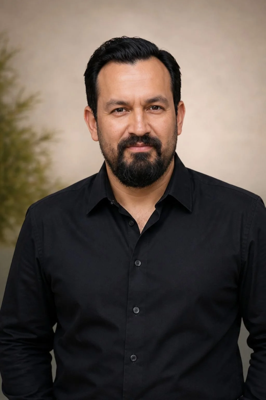 Ismael, saxophonist, smiling in a black button-up shirt