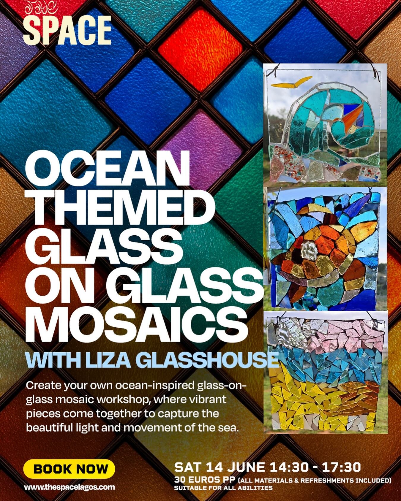 If you are thinking about doing this one book soon as we are 50% full already. 

🌊 OCEAN THEMED GLASS ON GLASS MOSAICS
WITH LIZA &ldquo;GLASSHOUSE&rdquo; 🌊 
📆 Saturday 14 June
🕰️ 14:30 - 17:30 
🎫 30 EUROS P/P INCLUDES TEA/COFFEE AND CAKE

No exp
