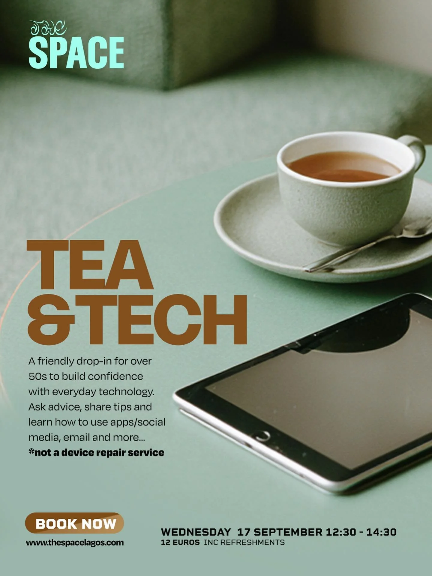 ☕️ Tea and Tech 💻 for over 50s 
📆 Wednesday 17 September 
🕰️ 12:30 - 14:30 
🎟️ 12 euros pp inc refreshments
Book online or message us for cash bookings 

A friendly drop-in for over 50s to build confidence with everyday technology. Ask advice, sh