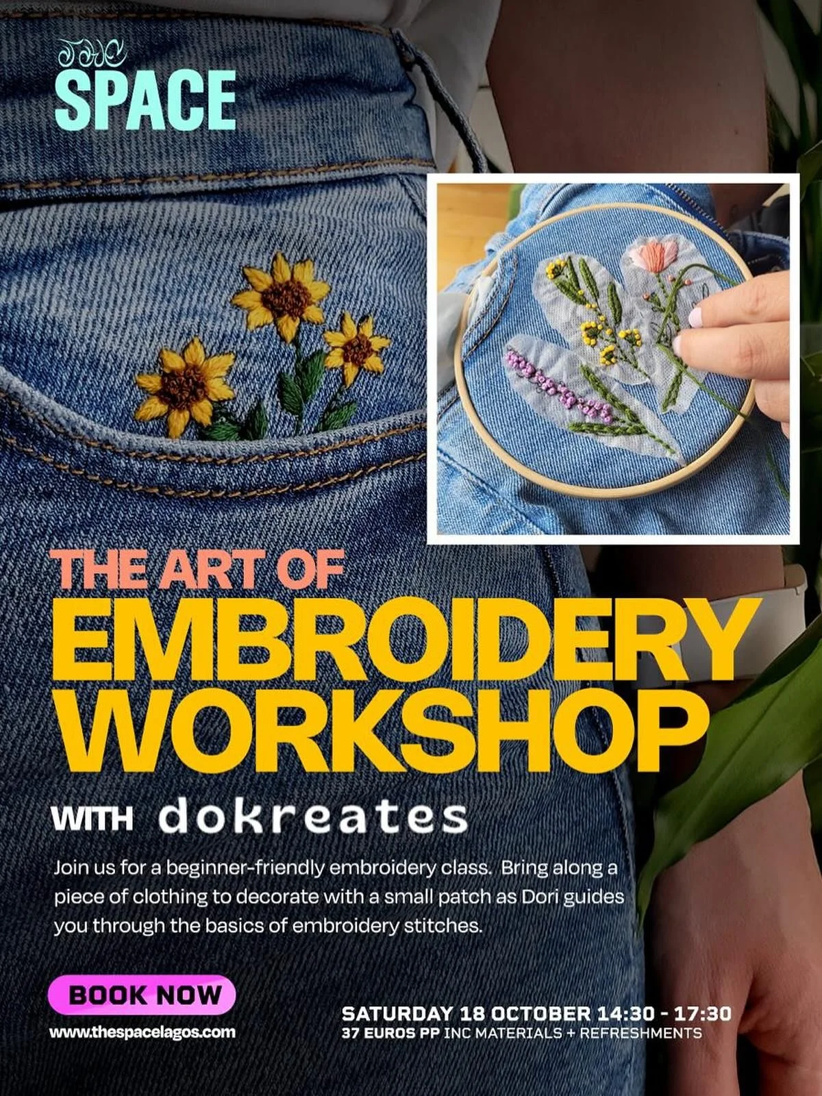 Excited for this one!

🧵THE ART OF EMBROIDERY WORKSHOP
With dokreates 
📆 SATURDAY 18 OCTOBER 14:30 - 17:30
🎟️ 37 EUROS PP INC MATERIALS + REFRESHMENTS

~Join us for a beginner-friendly embroidery class and decorate your clothing of choice with a s
