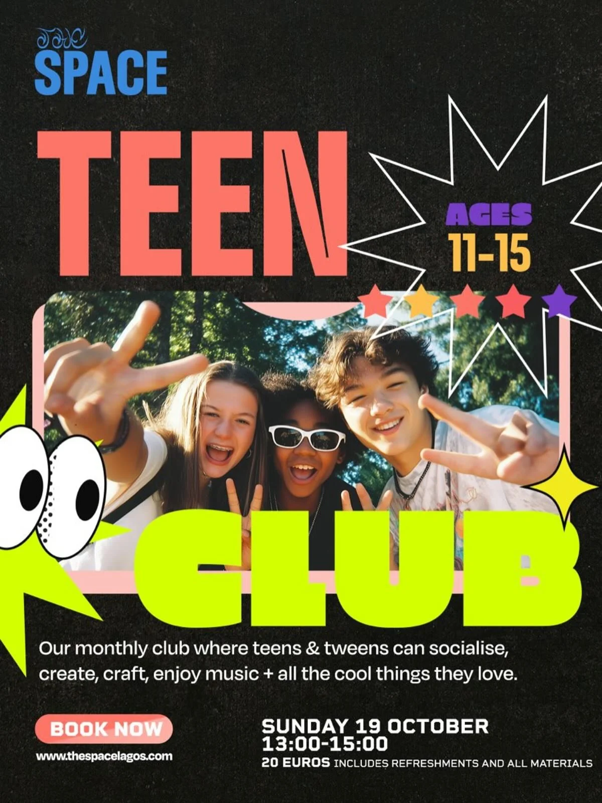 📆 SUN 19 OCTOBER 
🕰️ 13:00 - 15:00 
🎟️ 20 EUROS INCLUDES REFRESHMENTS AND ALL MATERIALS

Our monthly club where teens &amp; tweens can socialise, create, craft, enjoy music + all the cool things they love.

We will be doing lots of different activ