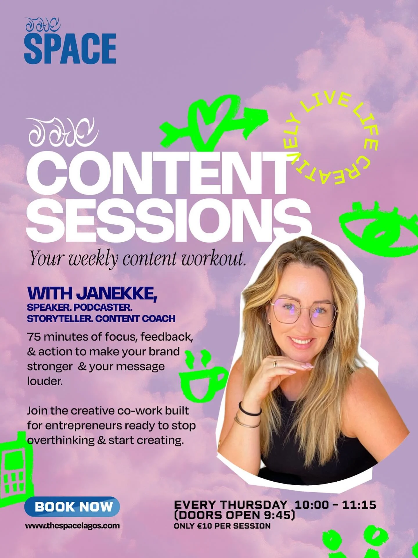 📆 EVERY THURSDAY STARTS 6 NOV
🕰️ 10:00 - 11:15 (DOORS OPEN 9:45)
🎟️ &euro;10 PER SESSION

💪 The Content Sessions your weekly content workout.

✅ Stop waiting for motivation and start training your creative muscle. Join every Thursday (unless othe