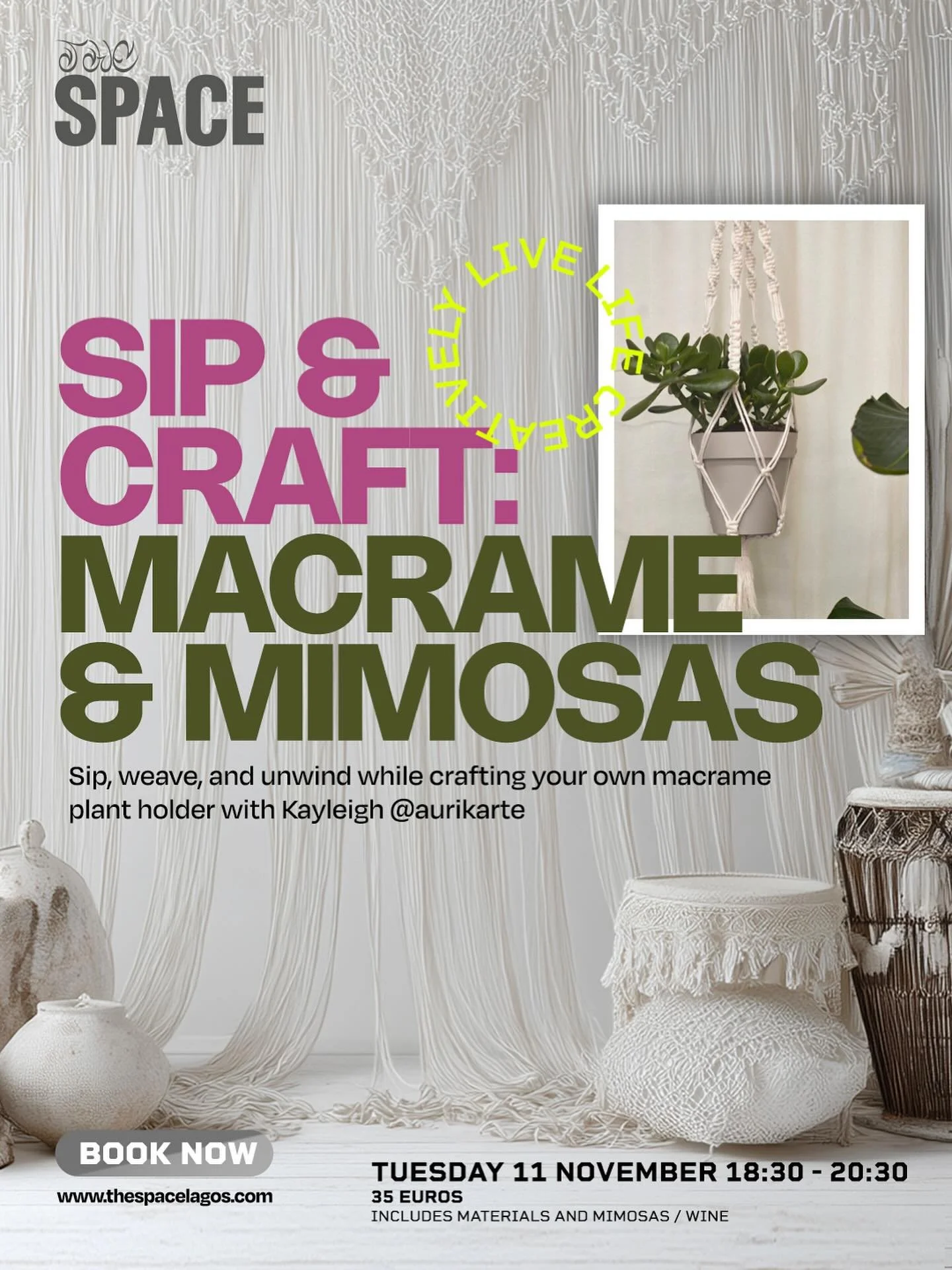NEW! 🌱 

SIP &amp; CRAFT: MACRAME &amp; MIMOSAS 🥂 
📆 TUESDAY 11 NOVEMBER 
🕰️ 18:00 - 20:30
🎟️ Cost 35 euros includes all materials and mimosas/wine. Sober option 30 euros
✨ No experience necessary, beginners welcome

🪴 Sip, weave, and unwind wh