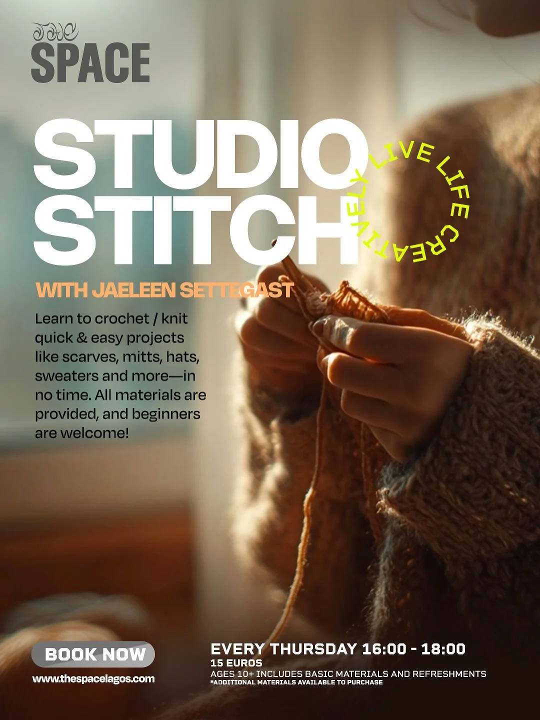 NEW! STUDIO STITCH 🧶

WITH JAELEEN SETTEGAST
📅 EVERY THURSDAY STARTS 6TH NOV 
🕰️ 16:00 - 18:00
🎟️ Adults and age 10+ welcome 

Learn to crochet / knit quick &amp; easy projects like scarves, mitts, hats, sweaters and more in no time. Basic materi