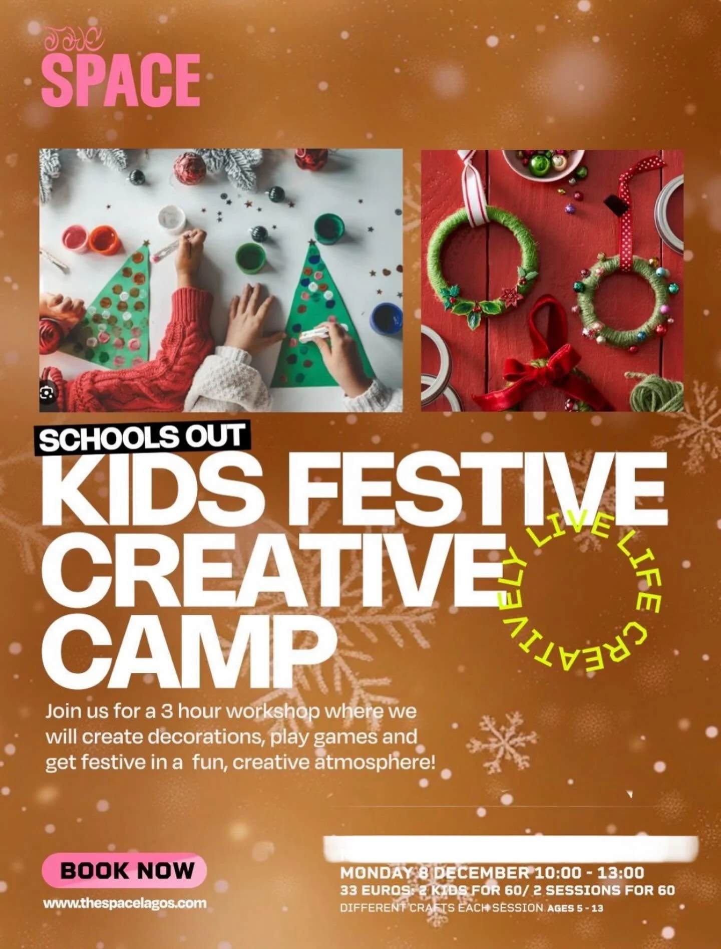 Last tickets remaining 🫶🏻

📆 MONDAY 8TH DECEMBER 
🕰️ 10:00 - 13:00 (Schools out!) 
🎟️ 33 EUROS / 2 KIDS FOR 60 / 2 SESSSIONS FOR 60
INCLUDES: ALL MATERIALS, HOT CHOCOLATE + FESTIVE TREATS. AGES 5+
DROP &amp; GO

🌲 Join us for a festive creative