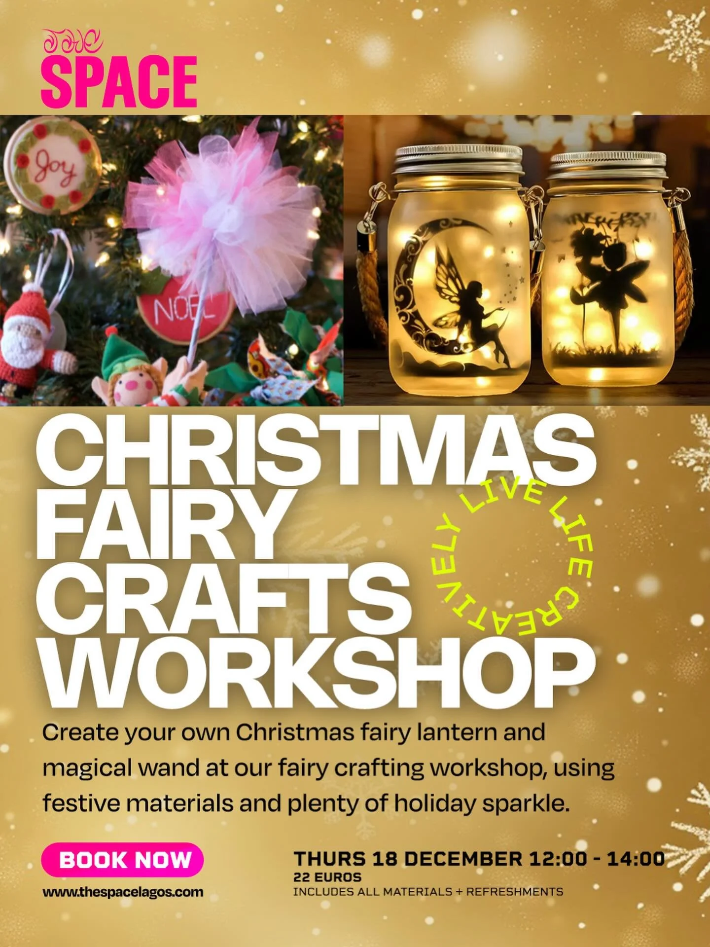 🧚&zwj;♀️ CHRISTMAS FAIRY CRAFTS WORKSHOP
📆 THURS 18 DEC 
🕰️ 12:00 - 14:00
AGES 5+ DROP &amp; GO.
🎟️ 22 EUROS (OR 2 FOR 40)
INCLUDES: ALL MATERIAL, HOT CHOCOLATE + FESTIVE TREATS

🪄Create your own Christmas fairy lantern and magical wand at our f