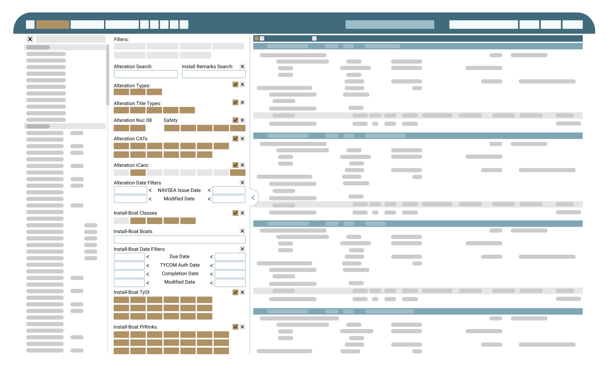 Screenshot of a software interface showing various filters and options for searching and filtering data, with sections labeled 'Alteration Search,' 'Install Remarks Search,' 'Alteration Types,' 'Alteration Title Types,' and date filters, among other filtering tools.