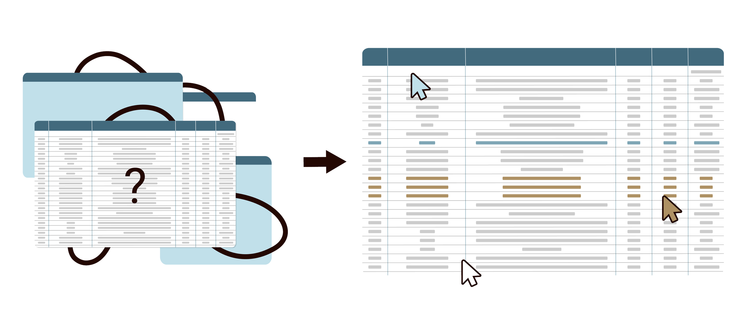 A diagram showing a transition from physical documents with a question mark to a digital spreadsheet with highlighted rows and cursor icons.