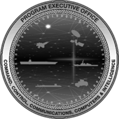 A circular emblem featuring a space scene with satellites and spacecraft, labeled 'Program Executive Office' and 'Command, Control, Communications, Computers & Intelligence.'.