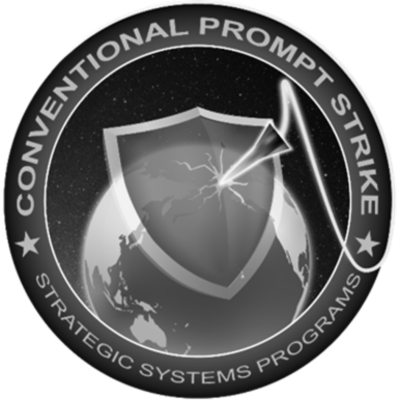 Emblem of a shield with a lightning bolt striking through it, set against a globe with a starry sky background, surrounded by a circular border that reads "Conventional Prompt Strike: Strategic Systems Programs."